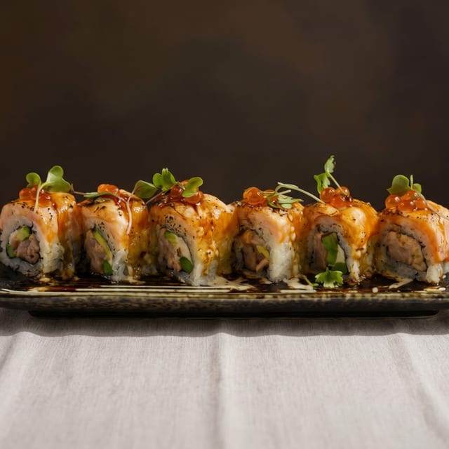 Creamy Salmon Aburi (Seared) Roll.